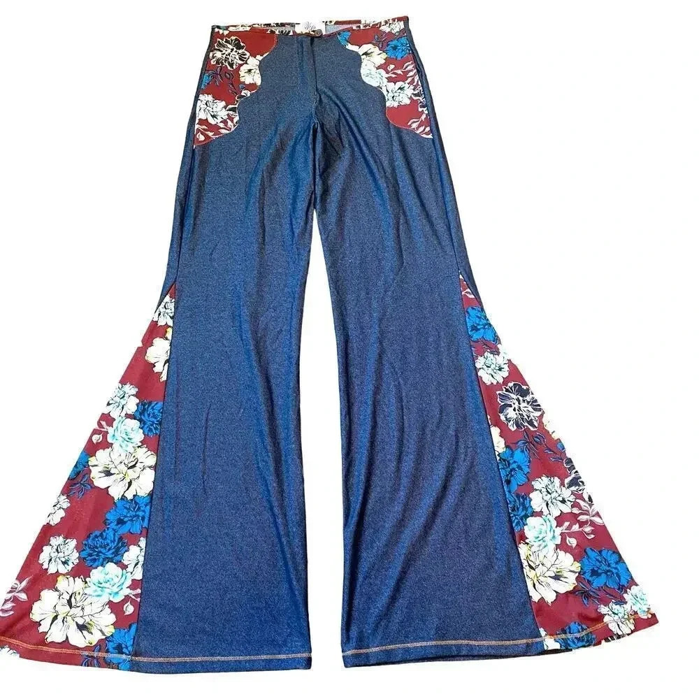 Viviana Gabeiras Bellbottom Floral Patch Flared Leg Stretch Pants Women Size S